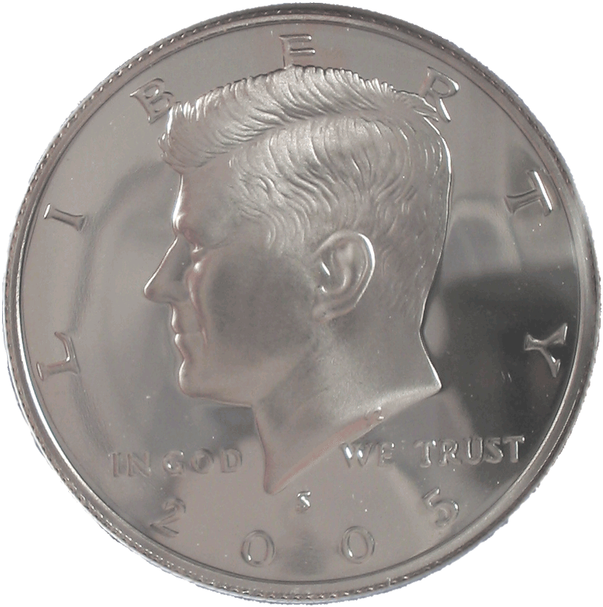 2005 Proof Kennedy Half Dollar - Half Dollar Actual Size Clipart (858x865), Png Download
