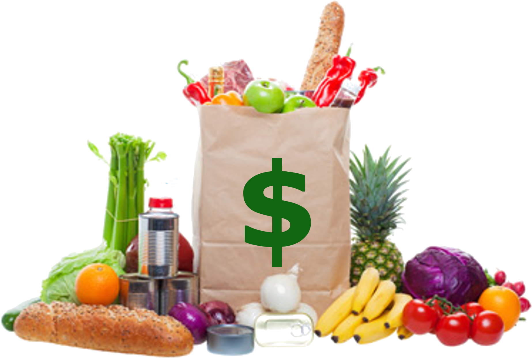A Brown Paper Bag Is Full Of Groceries And Surrounded - Bag Of Good And Bad Food Shop Clipart (1878x1292), Png Download