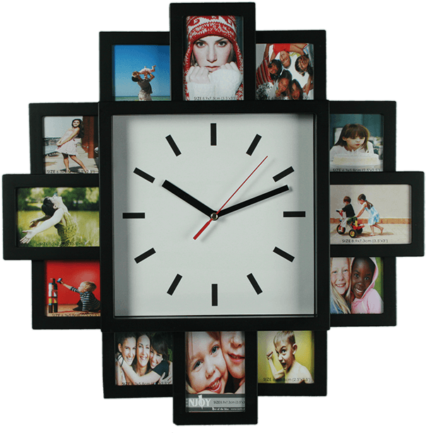 Plastic Wall Clock With 12 Photo Frames - Wall Clock Family Photo Frame Clipart (945x709), Png Download