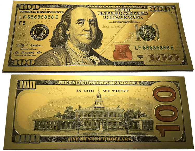 $100 Franklin Colorized Gold Foil Polymer Replica Banknote - New 100 Dollar Bill Clipart (750x580), Png Download