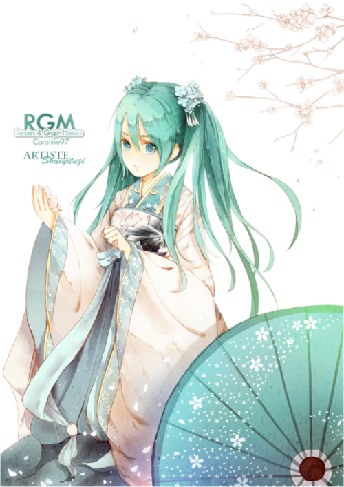 Render Hatsune Miku Kimono Ombrelle Japonaise Fleur - Miku Kimono Fan Art Clipart (500x707), Png Download