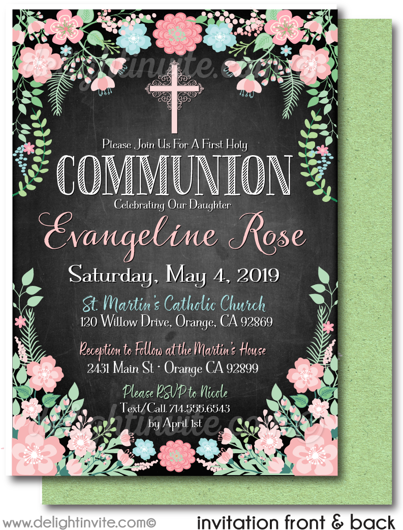 Vintage Chalkboard Botanical Communion Invitation - Mint And Peach Baptism Clipart (800x1087), Png Download