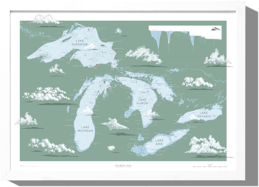 Great Lakes Nautical Map Roo Kee Roo - Great Lakes T Shirt Clipart (1000x1000), Png Download