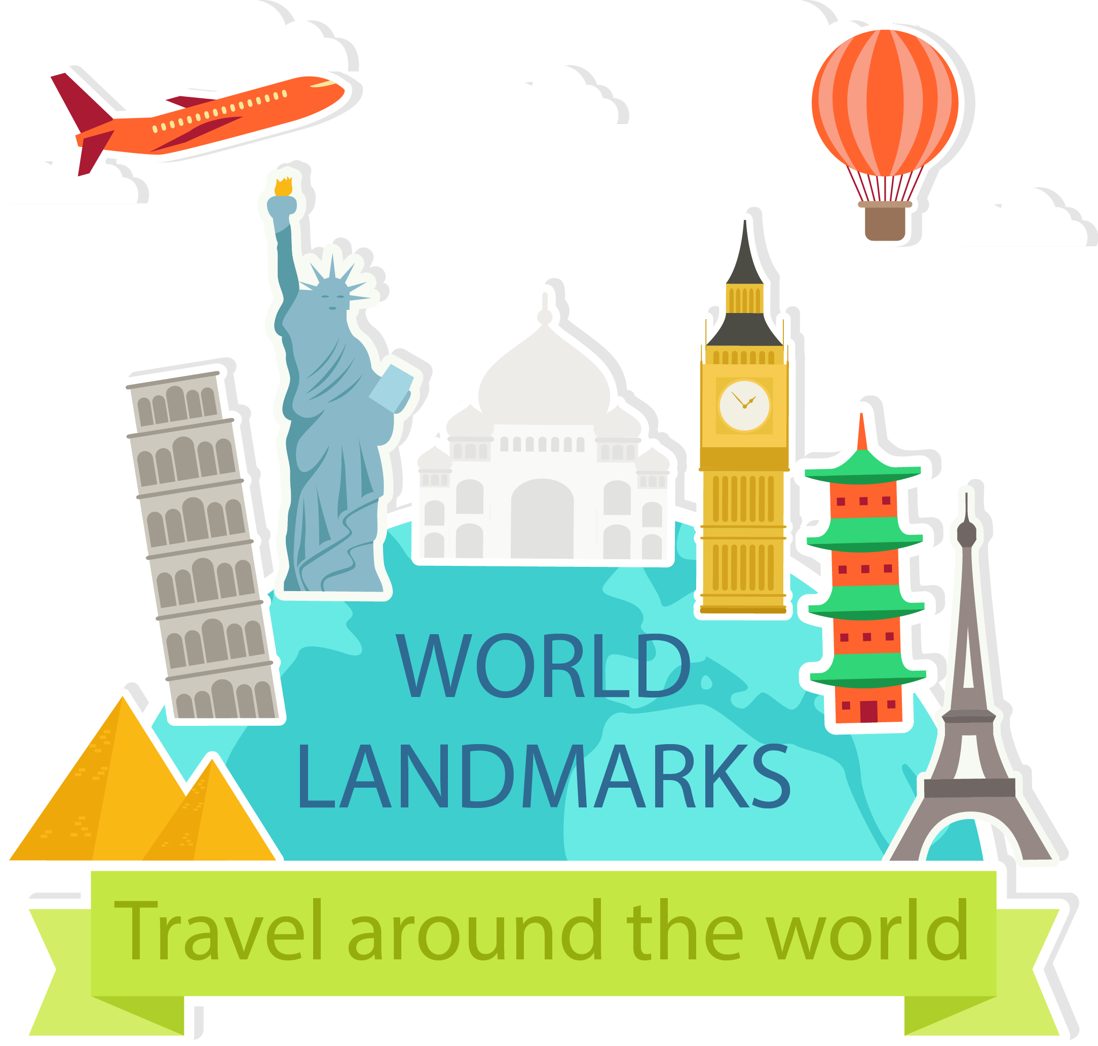 Statue Of Liberty Taj Mahal Travel Landmark - Land Mark Cartoon Png Clipart (2167x2065), Png Download