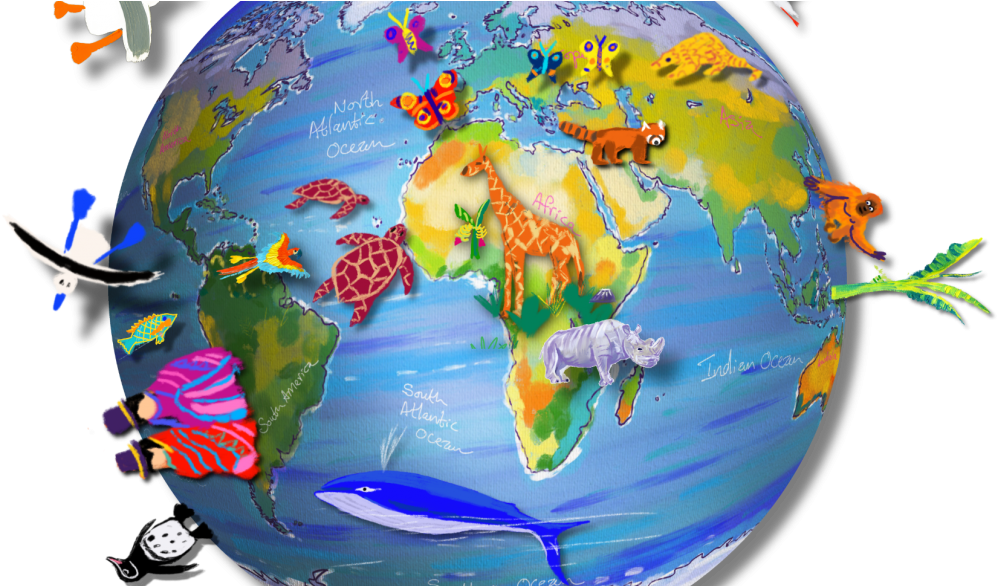Globe With Animals - World Paint Clipart (1024x585), Png Download
