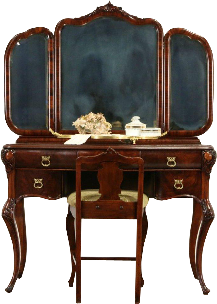 Vanity, Dressing Table Or Desk W/ Mirrors & Chair, Clipart (690x968), Png Download