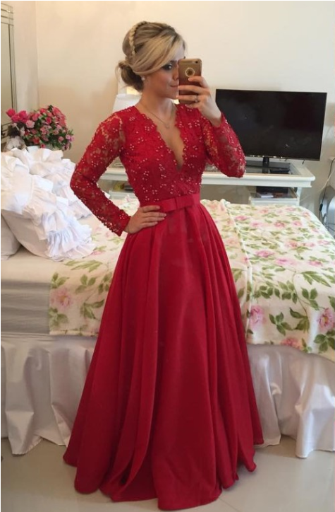 Burgundy V Neck Lace - Prom Dresses Red Deep V Lace Clipart (800x800), Png Download