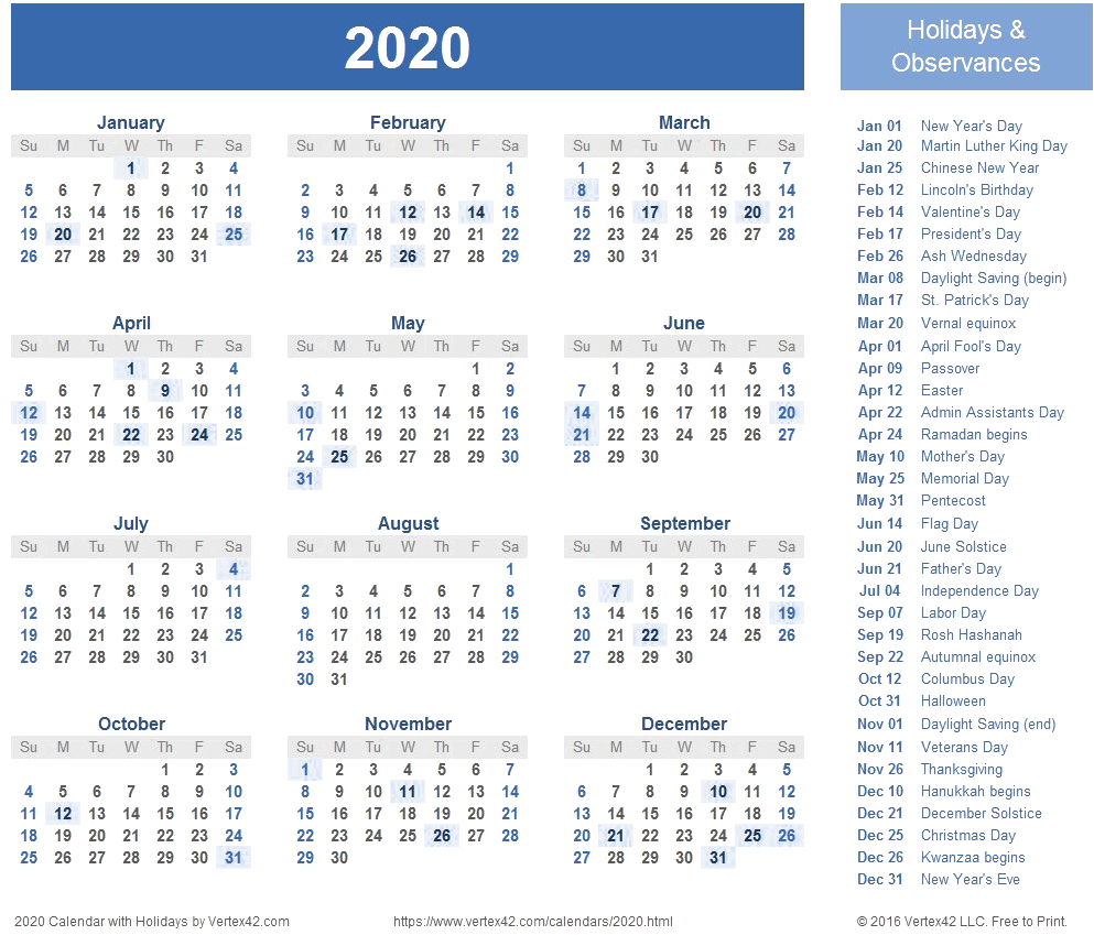 2020 Calendar Transparent Background - Free Printable 2020 Calendar With Holidays Clipart (1032x868), Png Download