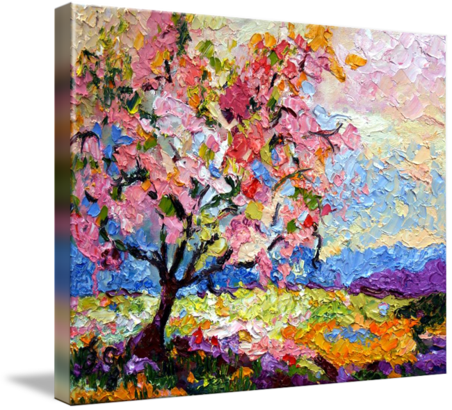 Acrylic Drawing Spring Season - Blossom Tree Painting Clipart (650x590), Png Download