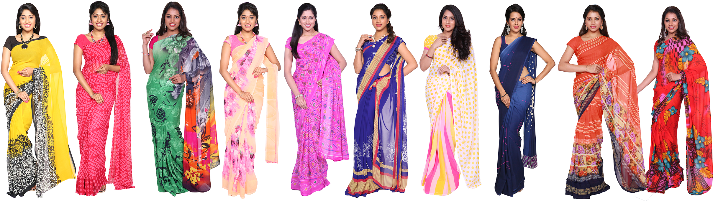 Assorted 10 Georgette Saree Collections - Combo Shopping Zone Sarees Clipart (2500x685), Png Download