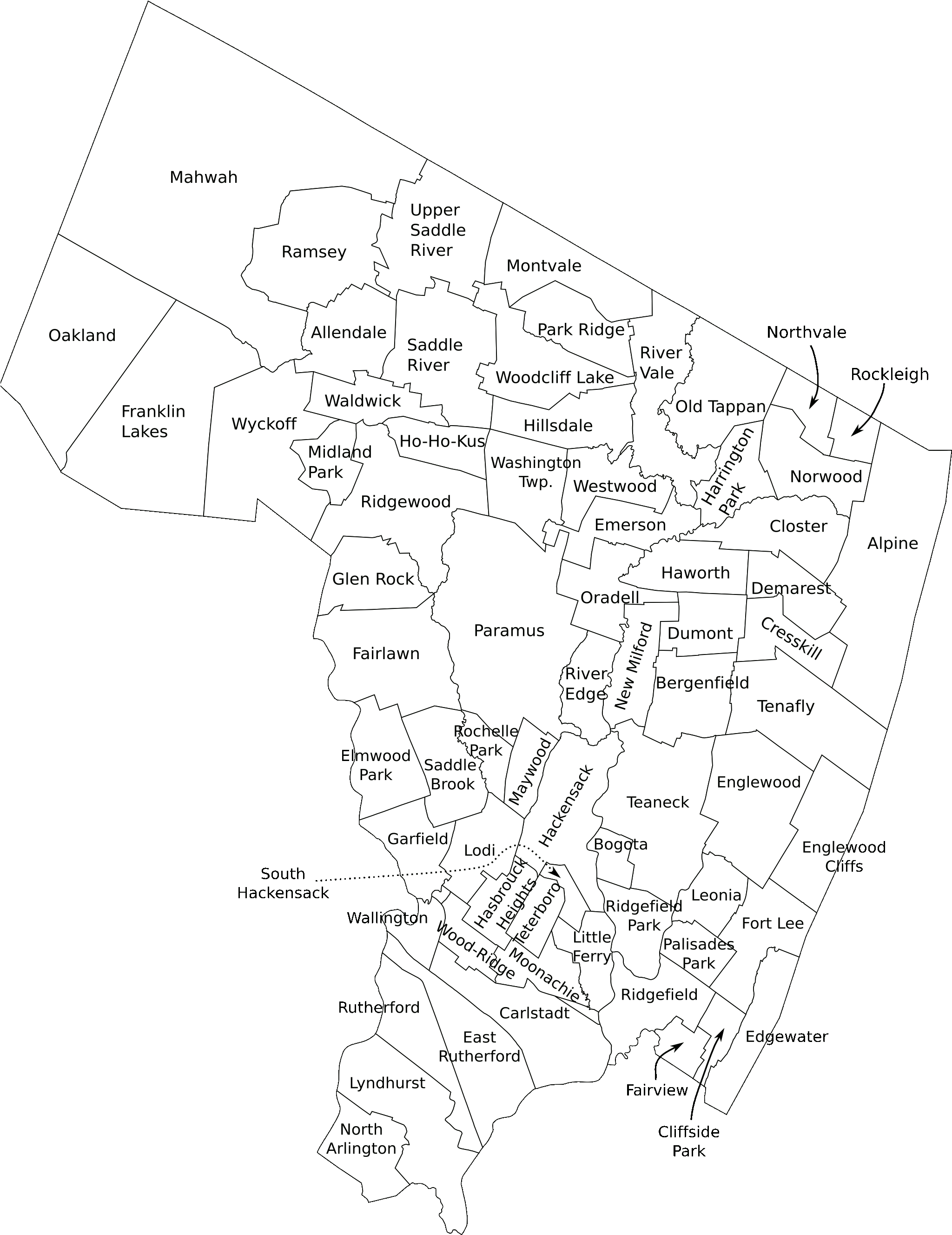 Bergen County, Nj Municipalities Labeled - Bergen County Nj Outline Clipart (2048x2896), Png Download