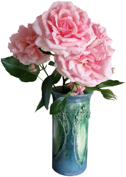 Roses Pink Green Vase Flowers - Jarron Con Flores Png Clipart (513x720), Png Download