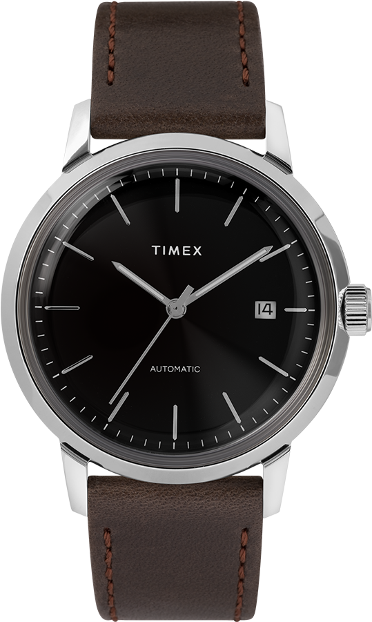 Automatic 40mm Leather Strap Watch Black/silver-tone - Timex Marlin 40mm Clipart (539x901), Png Download