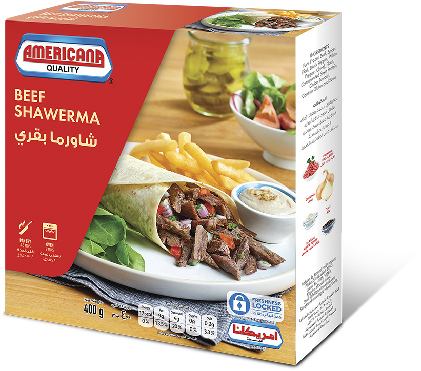 361901 Americana Beef Shawarma 400g Pack Design 3d - Convenience Food Clipart (992x910), Png Download