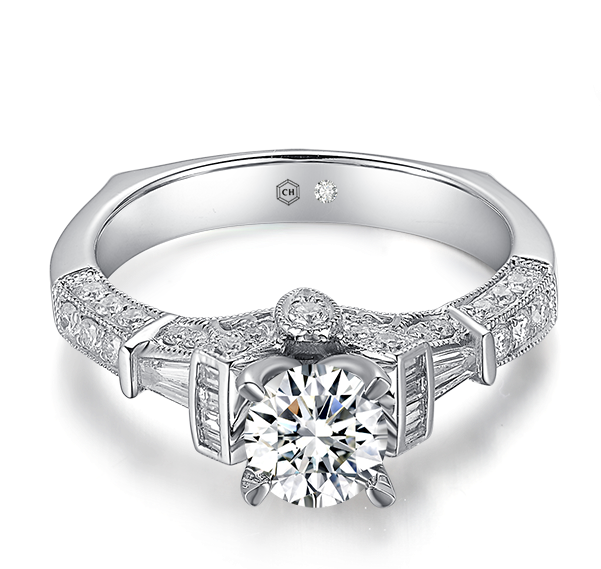 V-frame Filigree Micropavé Vintage Engagement Ring - Engagement Ring Clipart (601x569), Png Download