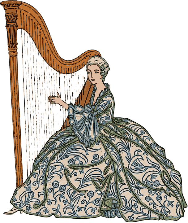 Lady Woman Vintage Female Girl Beauty People Old - Harp Playing Vintage Illustration Clipart (608x720), Png Download