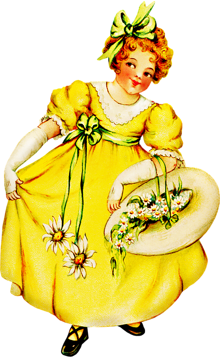 Vintage Girl Yellow Retro Flower Girl Dress Clipart (443x720), Png Download