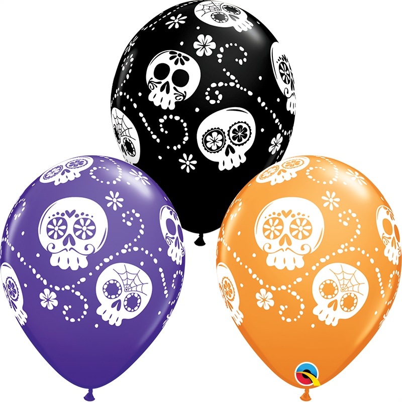 25 Latex Balloons 11" Halloween Sugar Skulls Orange,black, - Globos De Calaveras Mexicanas Clipart (800x800), Png Download