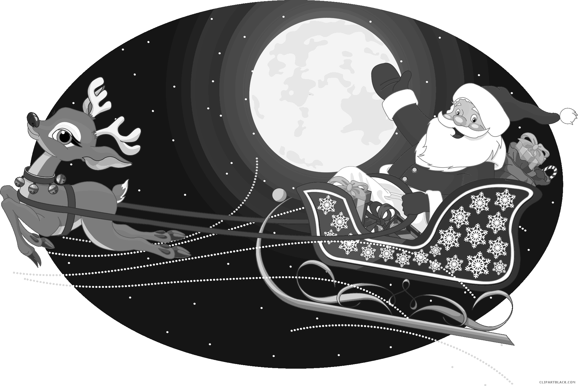 Christmas Deer Animal Free Black White Clipart Images - Santa Claus In Sleigh Clipart - Png Download (2000x1336), Png Download
