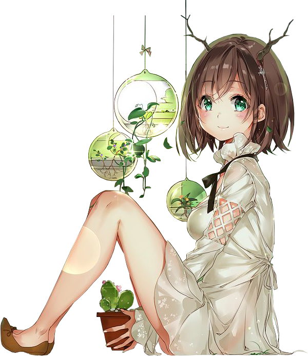 #anime #animegirl #plants #antlers - Anime Girl Sitting Render Clipart (600x693), Png Download