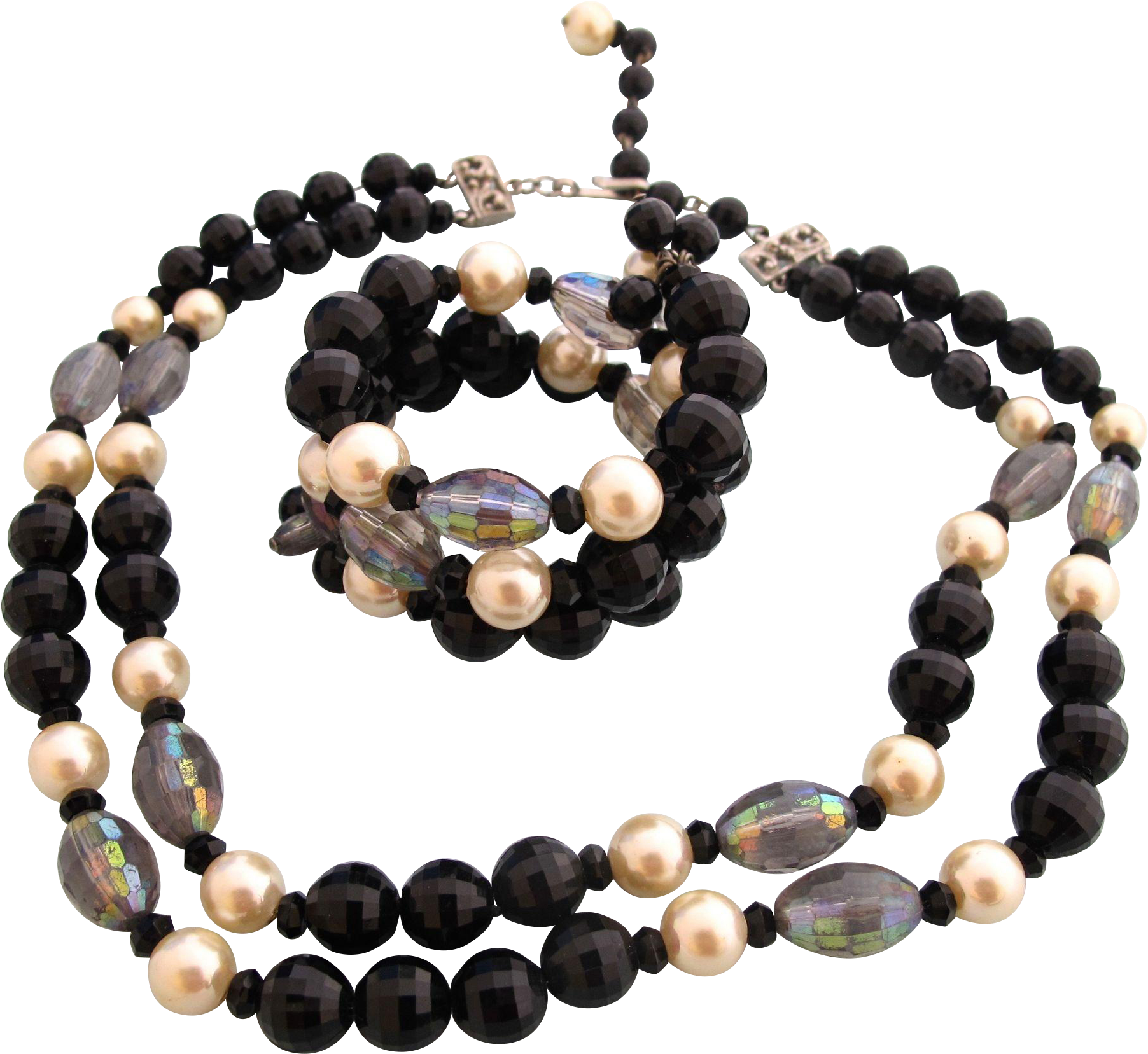 Vintage Hobe Black Bead And Faux Pearl Necklace And - Bead Clipart (1803x1803), Png Download