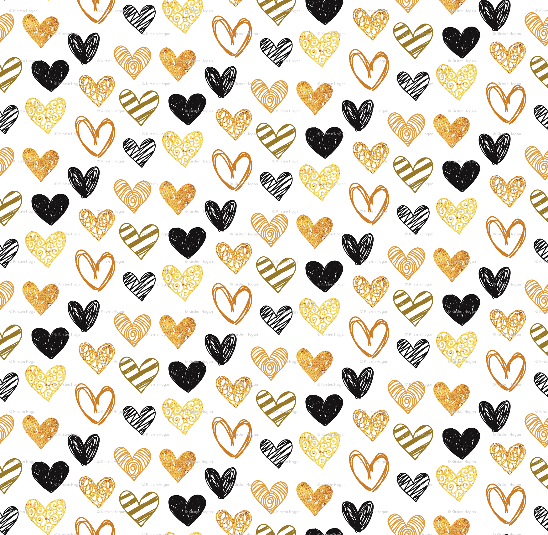 Valentine's Day Hearts Hand Drawn Black Gold Grey Cute Clipart (1750x1709), Png Download