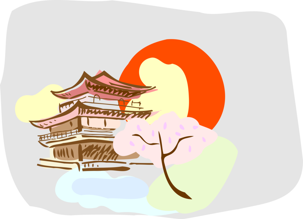 Vector Illustration Of Japanese Pagoda Temple Or Sacred - Illustration Clipart (966x700), Png Download