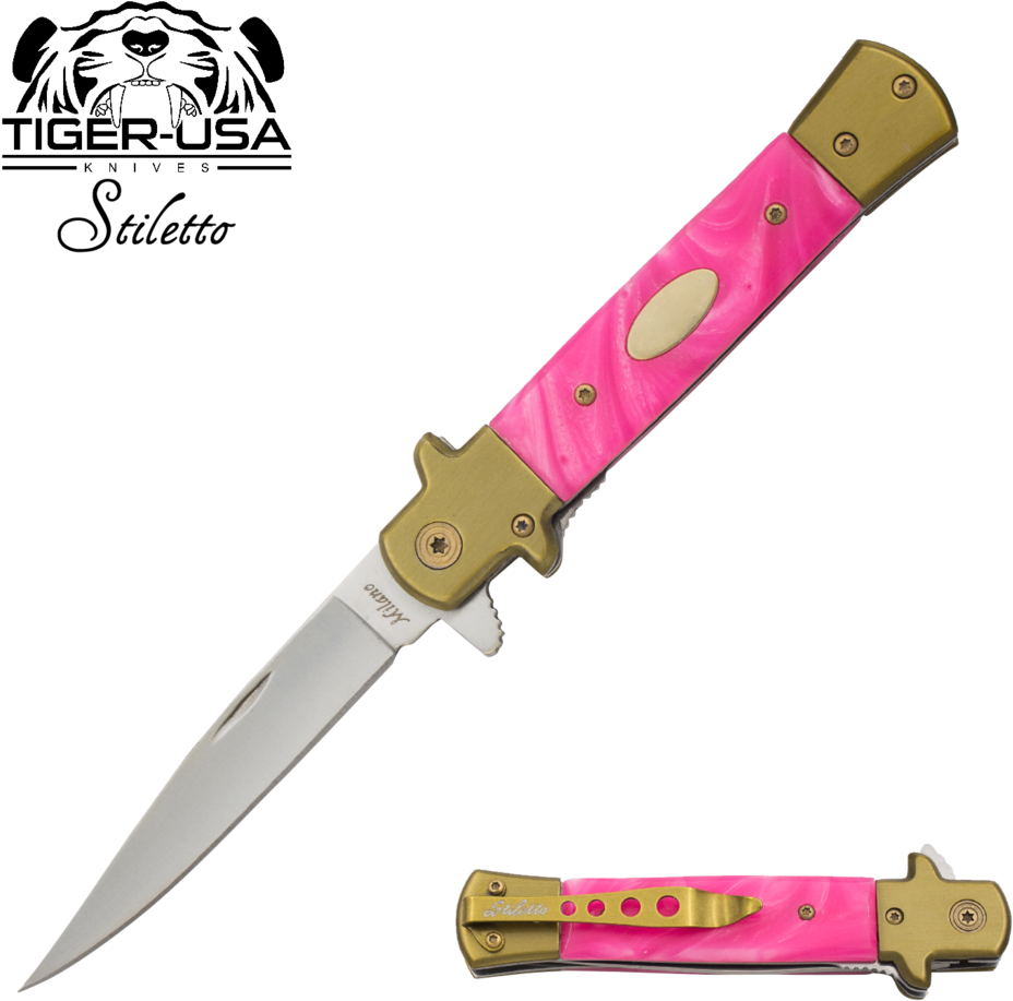 9" Tiger Pink Swirl Italian Milano Stiletto Tactical - Stiletto Style Knife Clipart (928x917), Png Download