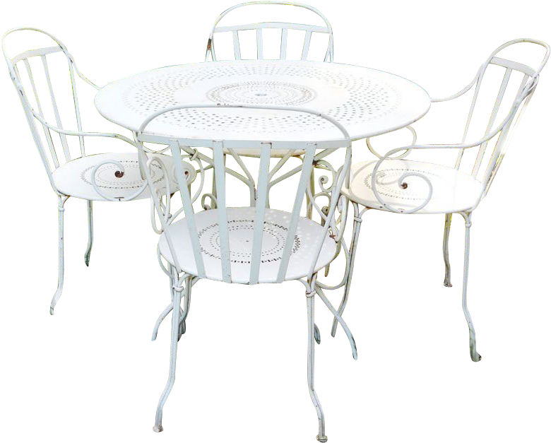 Pre1960s Iron Metal French Fermob Cafe Bistro Table - White Table And Chairs Png Clipart (779x779), Png Download