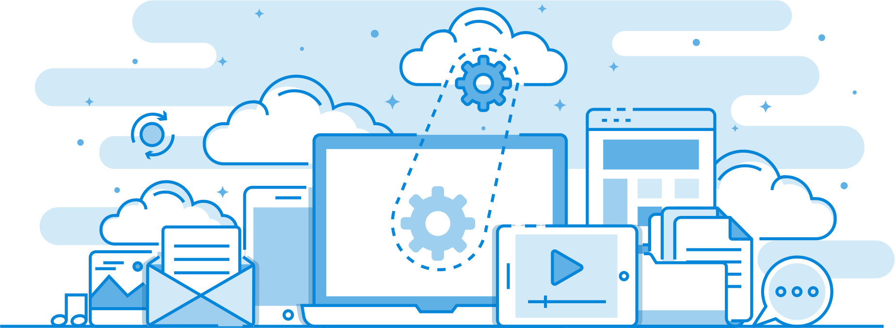 Blue Cloud Computing Multimedia Flat Line - Managed Services Clipart (1846x676), Png Download