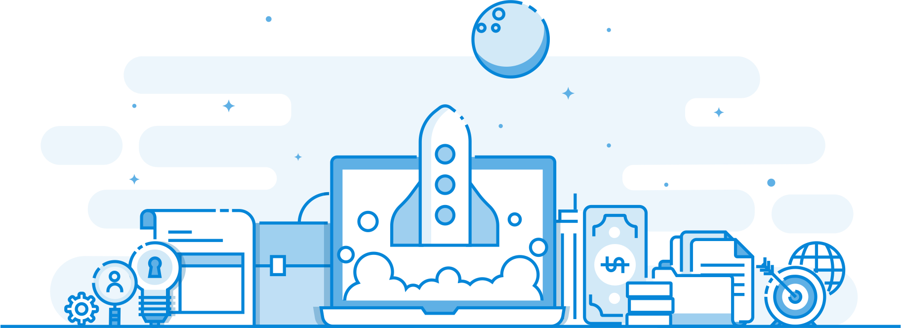 Blue Startup Rocket Flat Line Clipart (1824x664), Png Download