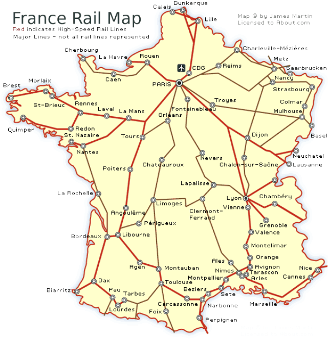 See France By Train - France Train Map With Cities Clipart (641x662), Png Download