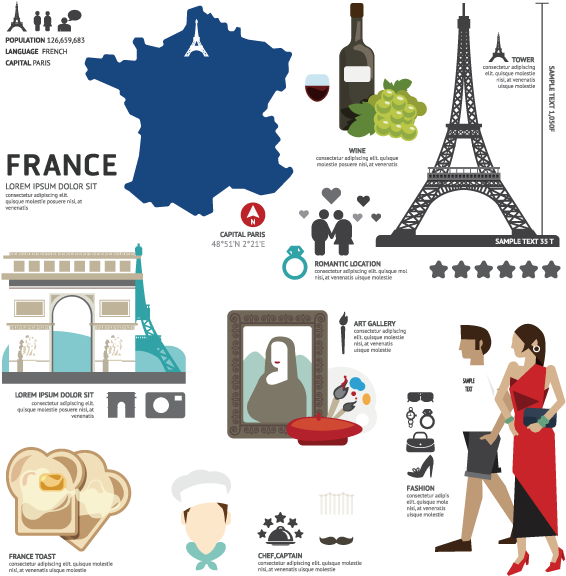 France Map Wine Eiffel Tower Triumphal Arch Chef Mona - France Flat Design Clipart (566x576), Png Download