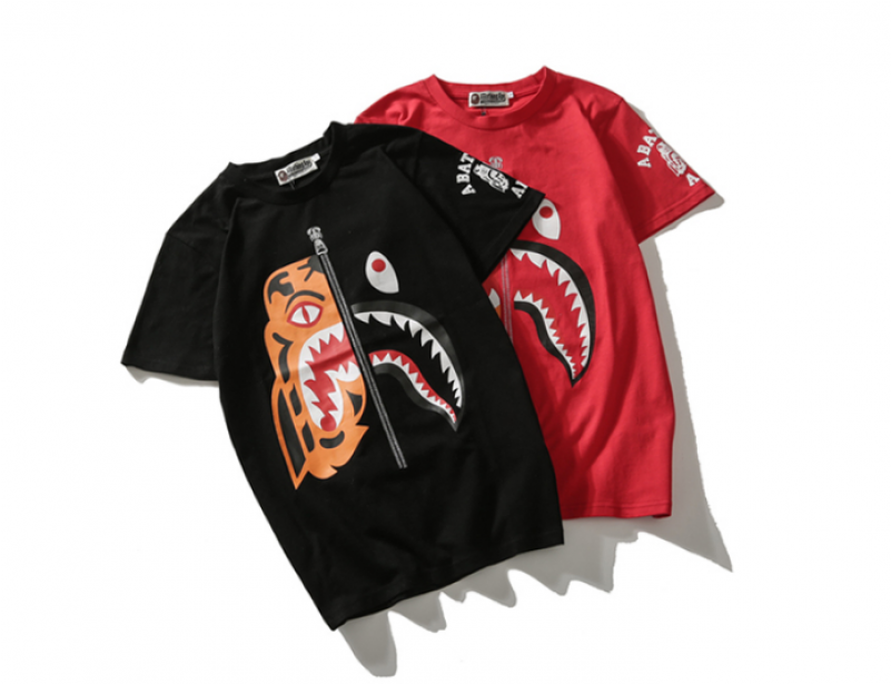 Popular Logo Tiger Head Shark Head Joint T-shirt Black - Bape Tiger Hoodie Clipart (800x800), Png Download