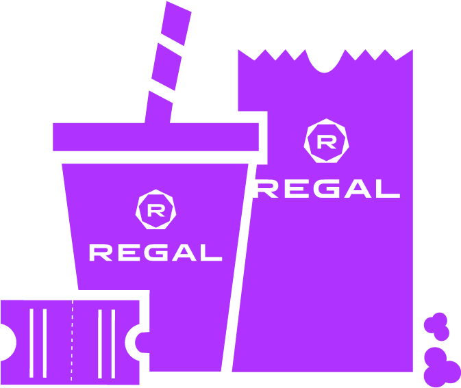 Image Of Movie Ticket, Soft Drink, And Bag Of Popcorn - Logo Regal App Clipart (673x567), Png Download