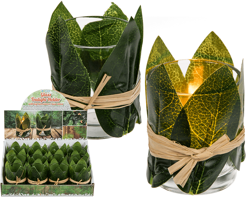 Portavelita De Vidrio Con Hojas Decorativas & Cinta - Teelichtglas Urban Jungle 12er Set Teelichthalter Clipart (945x709), Png Download