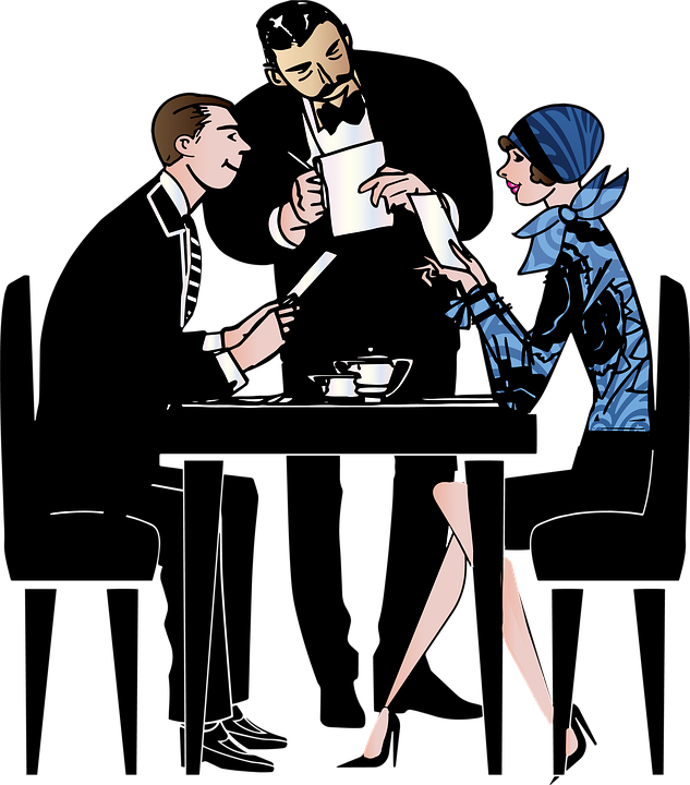 Flapper Couple Restaurant Menu Waiter 1920's - Waiter And A Customer Clipart (633x720), Png Download