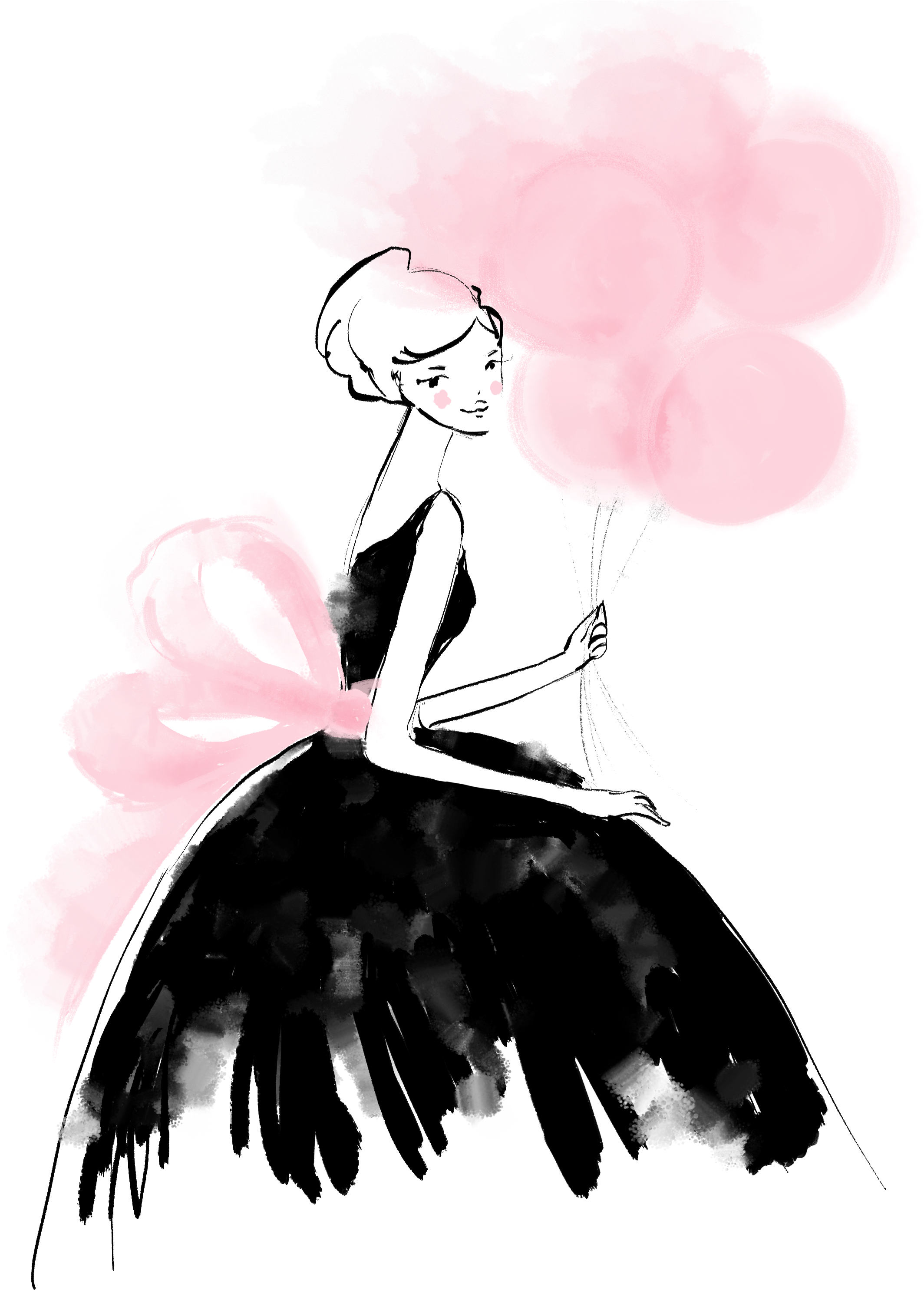 Girl With Balloons Audrey Hepburn Style Illustration - Illustration Clipart (2128x2971), Png Download