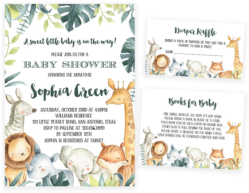 Safari Animals Baby Shower Invitation Pack - Baby Shower Theme Clipart (820x637), Png Download