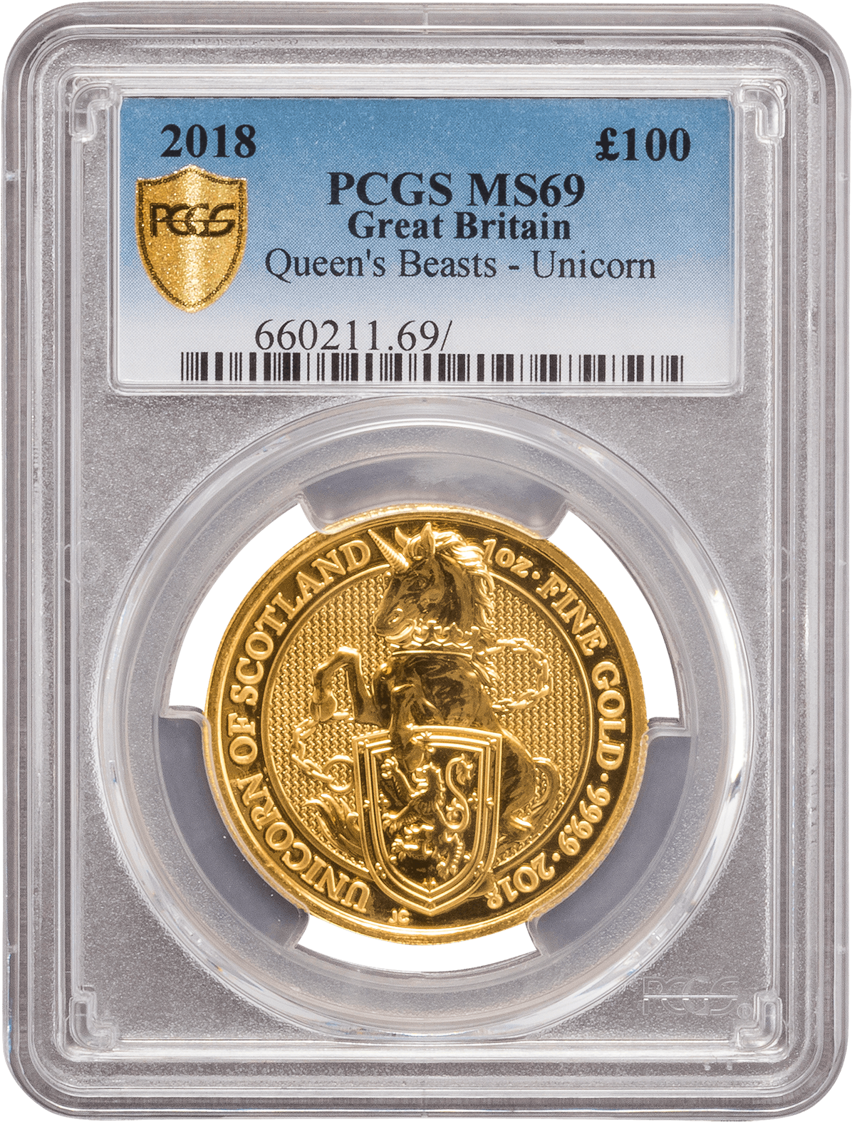 Pcgs 2018 1oz Gold Queen's Beast 'unicorn' Ms69 - 2018 Britannia Oriental Border Ms70 Clipart (1485x1980), Png Download