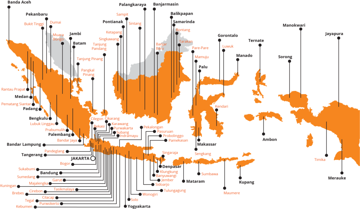 34 Provinces 126 Cities 155 Service Points - Capital Of Indonesia Map Clipart (1180x721), Png Download