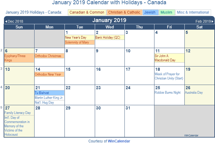 January 2019 Holidays Calendar Canada - January 2019 Calendar Holidays Clipart (720x485), Png Download