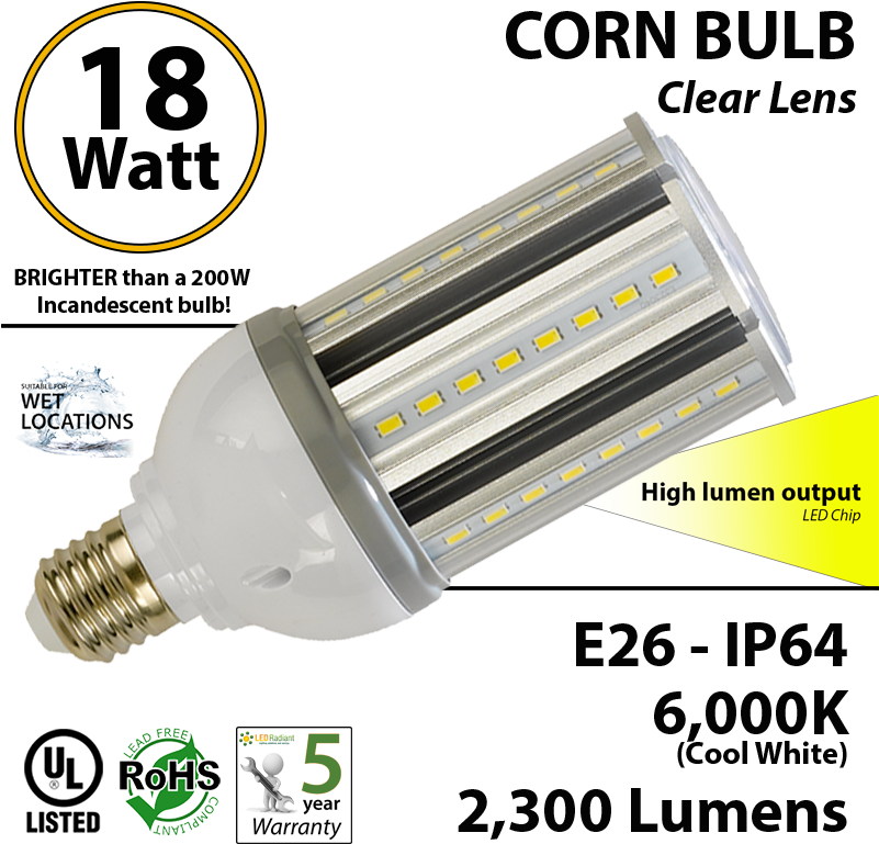 18w Led Corn Bulb Light 200 Watt Replacement 2300 Lumens - 9 Watt Led Tube Clipart (800x797), Png Download