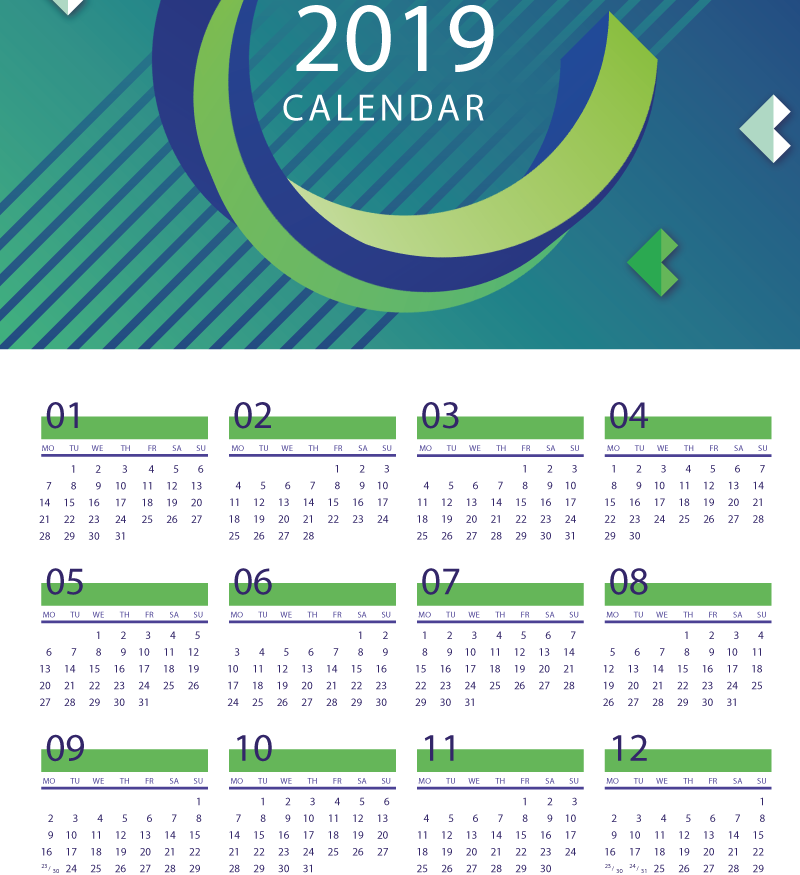 Blue Curve New Year Calendar 2019 Vector - Calendar Clipart (800x875), Png Download