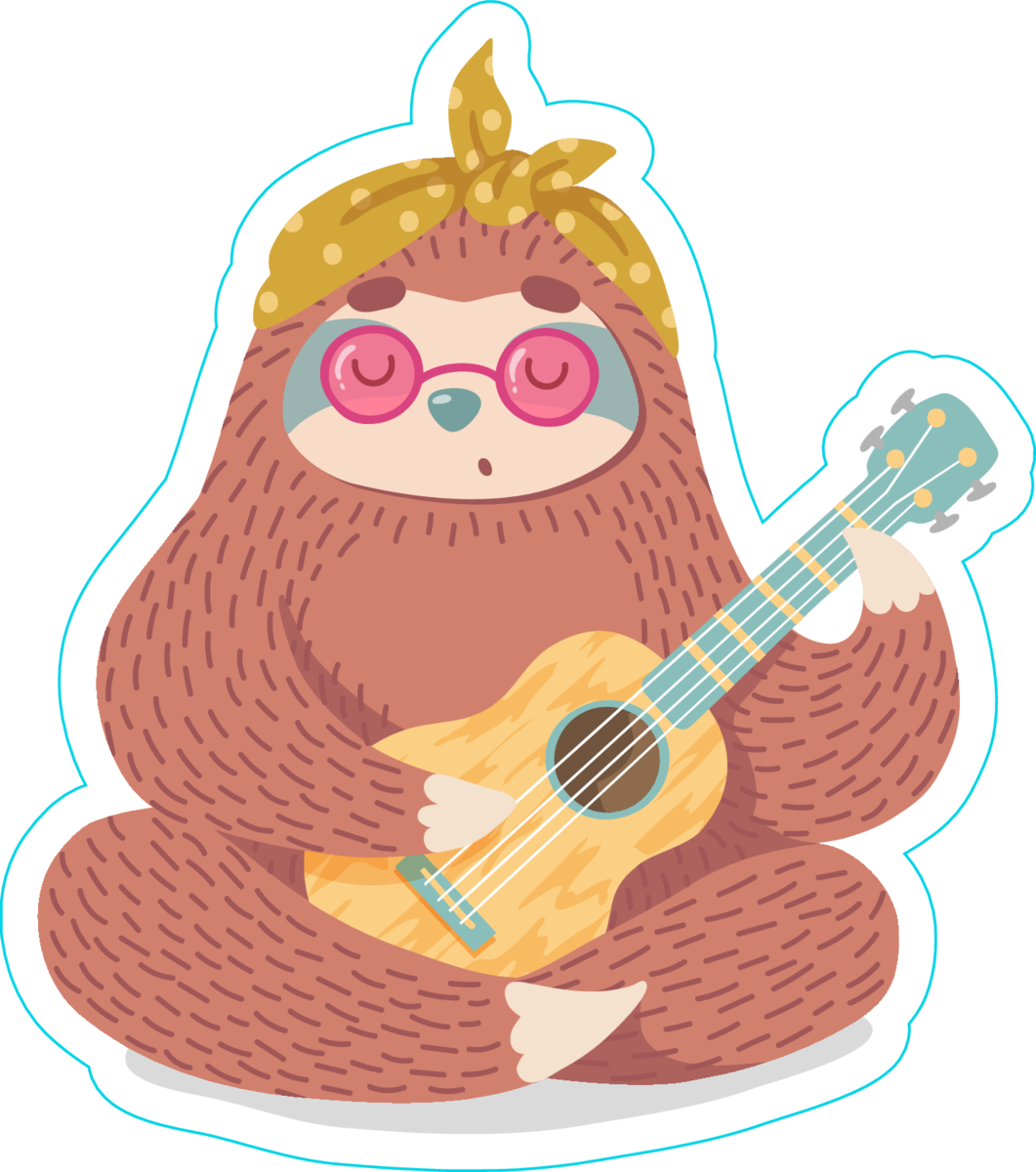 Hippie Sloth Playing Guitar Sticker - Hippie Sloth Clipart (1061x1200), Png Download