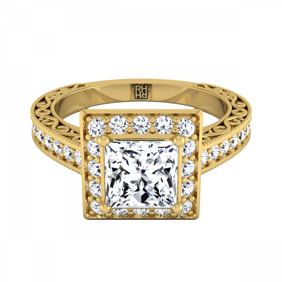 Princess Cut Diamond Halo Engagement Ring With Scroll - Engagement Ring Clipart (900x900), Png Download