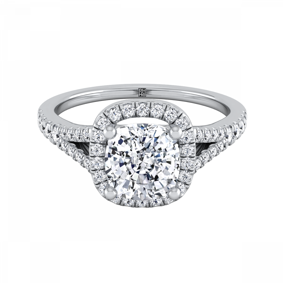 Cushion Cut Diamond Halo Engagement Ring With Scroll - Oval Halo Engagement Rings Clipart (900x900), Png Download