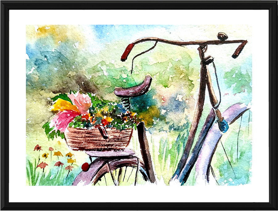Scenic Art Photo Frame , Png Download - Bicycle Watercolor Painting Clipart (901x685), Png Download