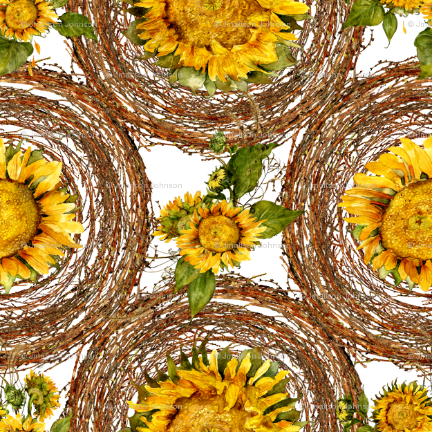 Sunflowers And Wreaths Watercolor On White Fabric Wallpaper - Sunflower Clipart (625x625), Png Download