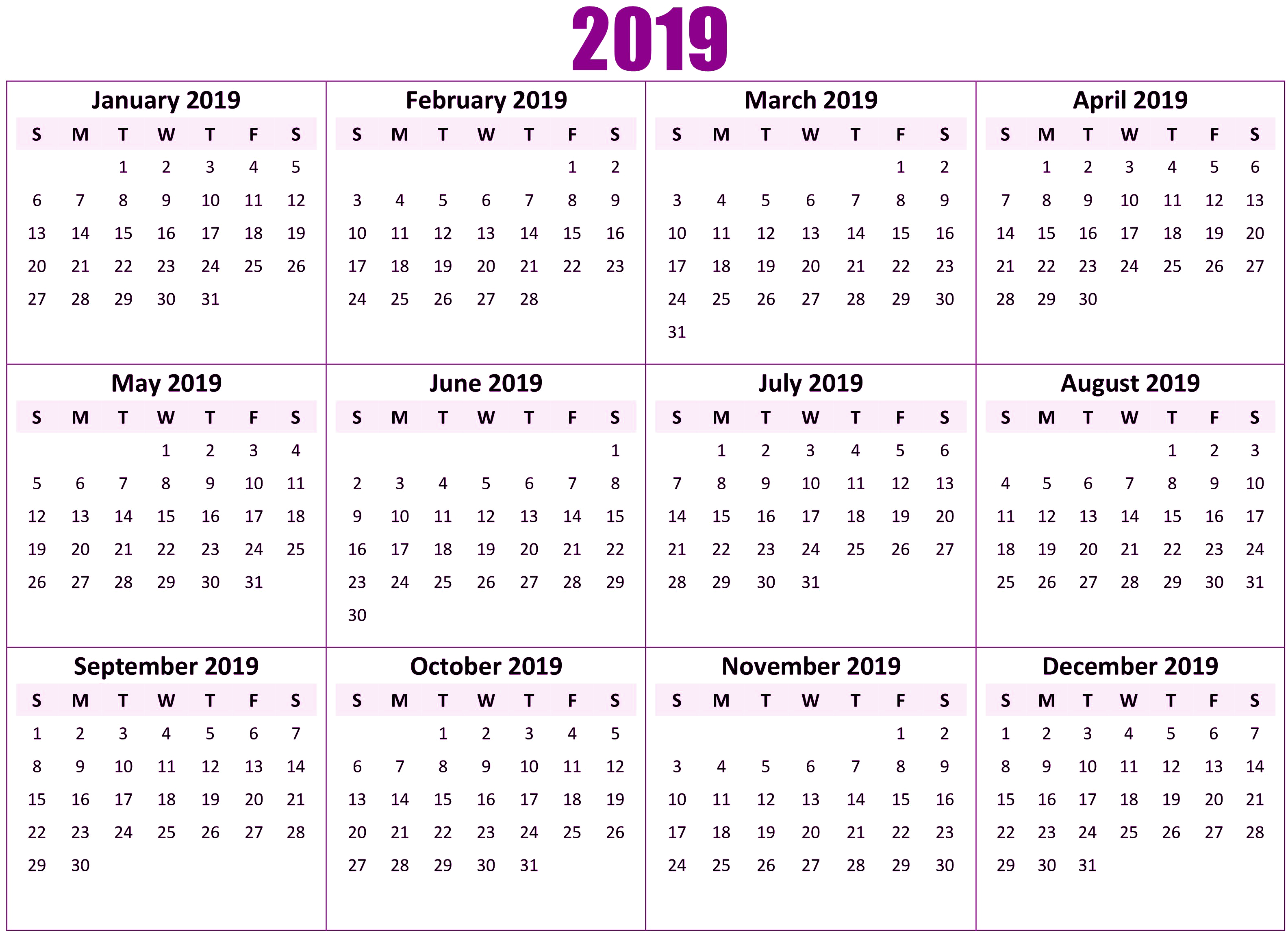 Pdf 2019 Printable Calendar Clipart (3300x2550), Png Download